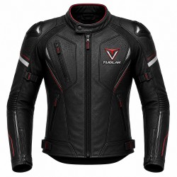 TUGLAK Premium Protective Leather Motorcycle Jacket – Black/Red, Armored Biker Riding Jacket for Men