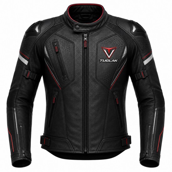 TUGLAK Premium Protective Leather Motorcycle Jacket – Black/Red, Armored Biker Riding Jacket for Men